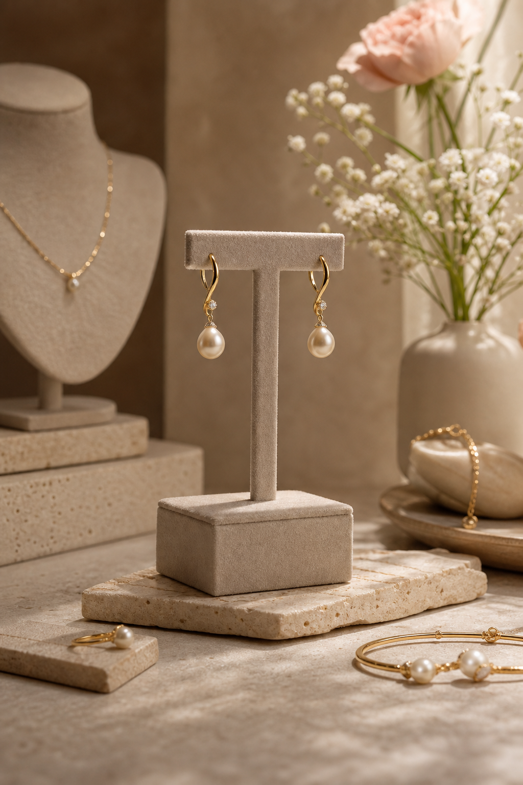 Boutique display with pearl earrings