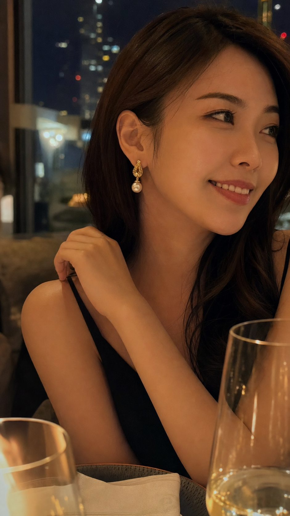 Customer wearing earrings at dinner